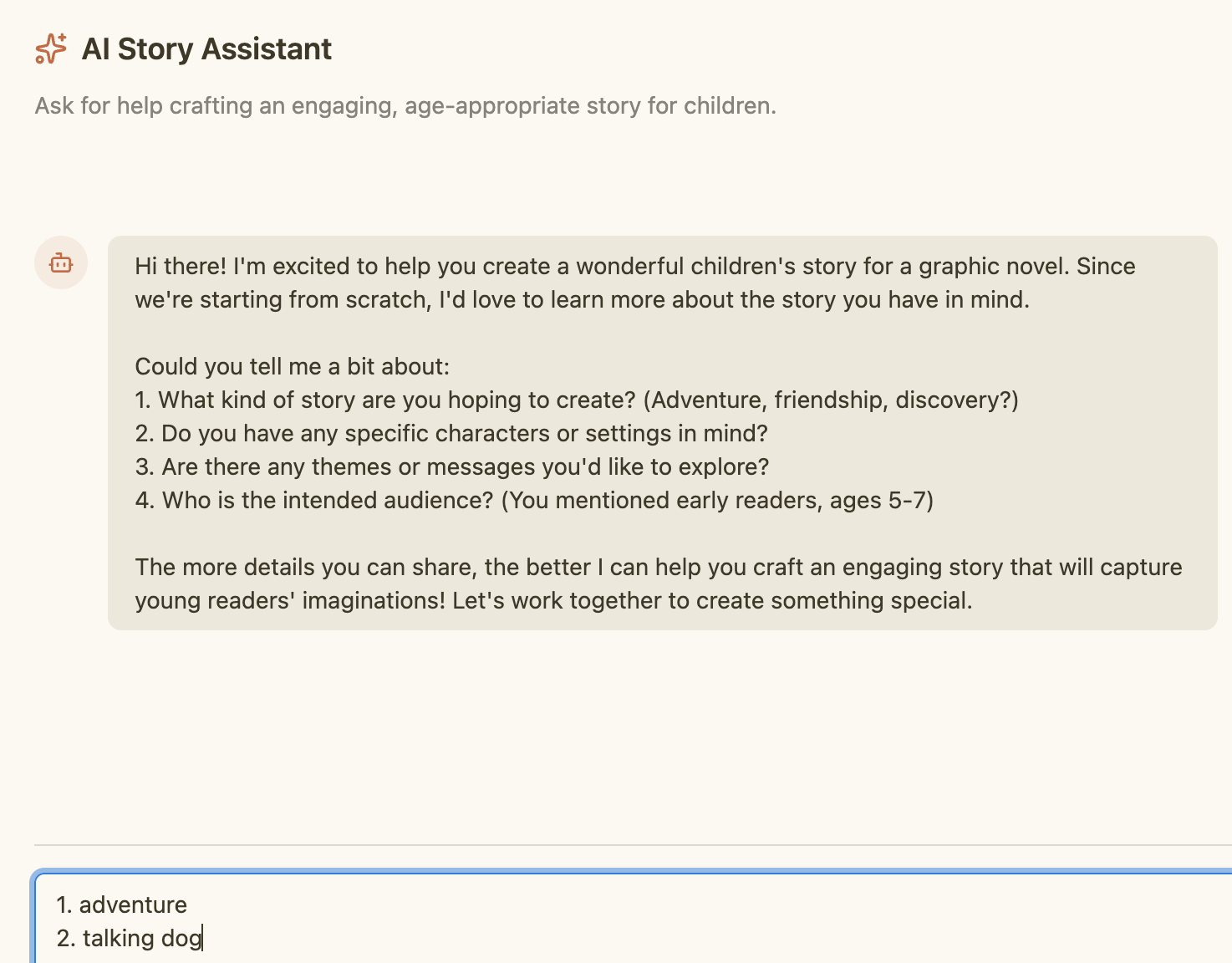 AI writing assistant interface showing story generation